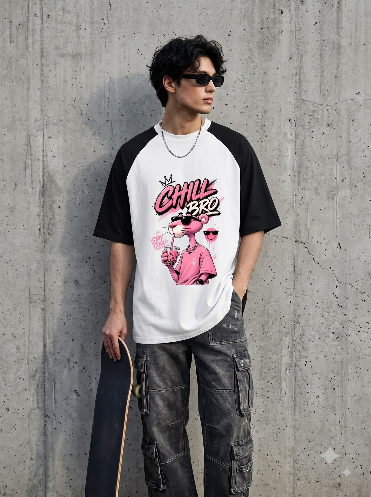 Premium Cotton Oversized Raglan T-Shirt with Panther Art