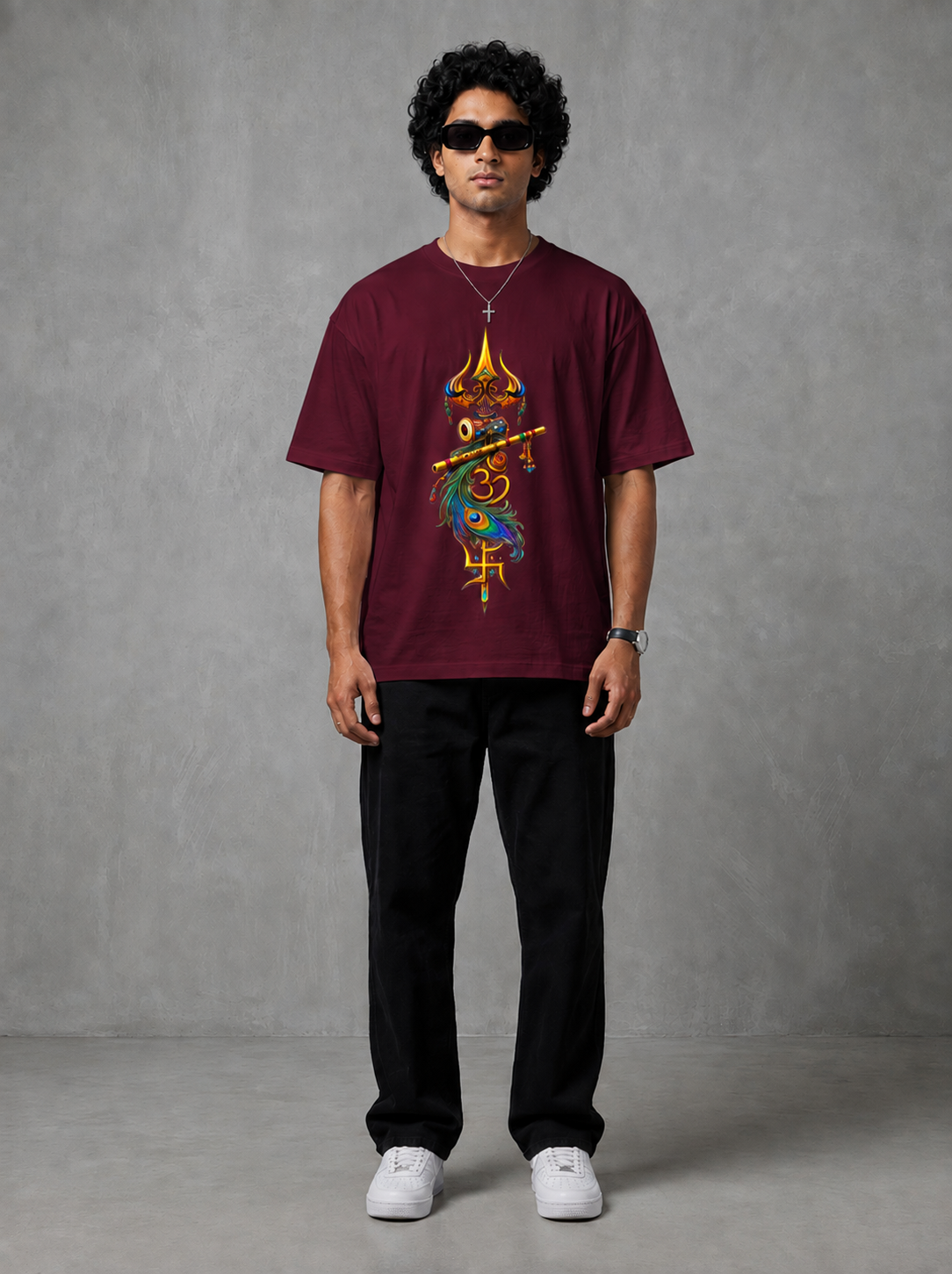 Sacred Trishul Flute Peacock Feather Black Oversized T-shirt
