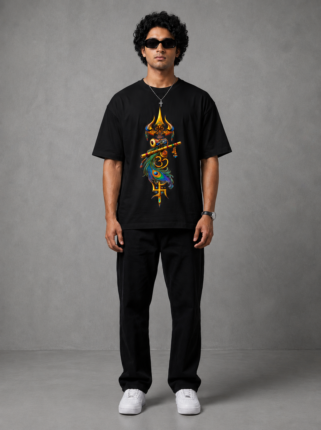 Sacred Trishul Flute Peacock Feather Black Oversized T-shirt