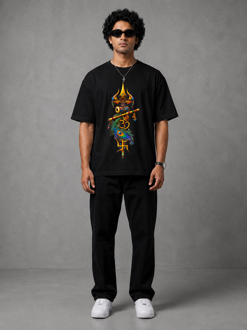 Sacred Trishul Flute Peacock Feather Black Oversized T-shirt