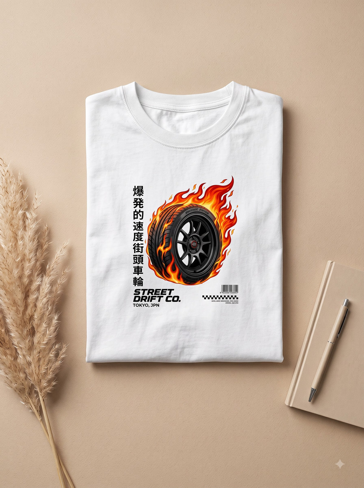 Men's White Graphic T-Shirt - Flaming Drift Wheel Streetwear