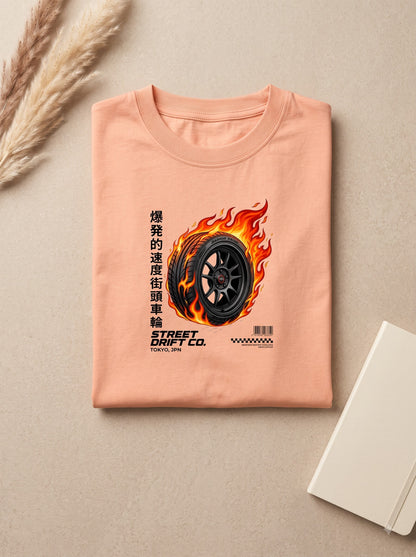 Men's White Graphic T-Shirt - Flaming Drift Wheel Streetwear