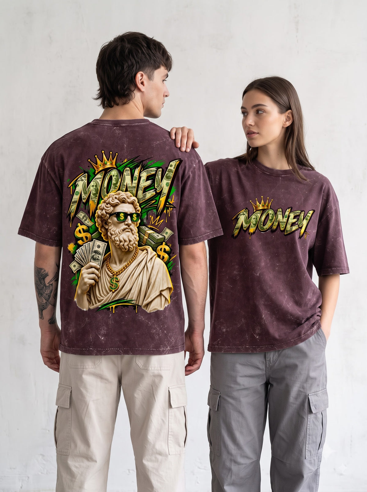 Luxury Hustle Statue Print Acid Wash Oversized T-Shirt