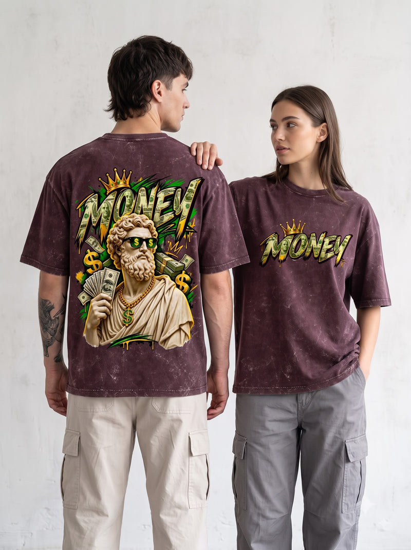 Luxury Hustle Statue Print Acid Wash Oversized T-Shirt