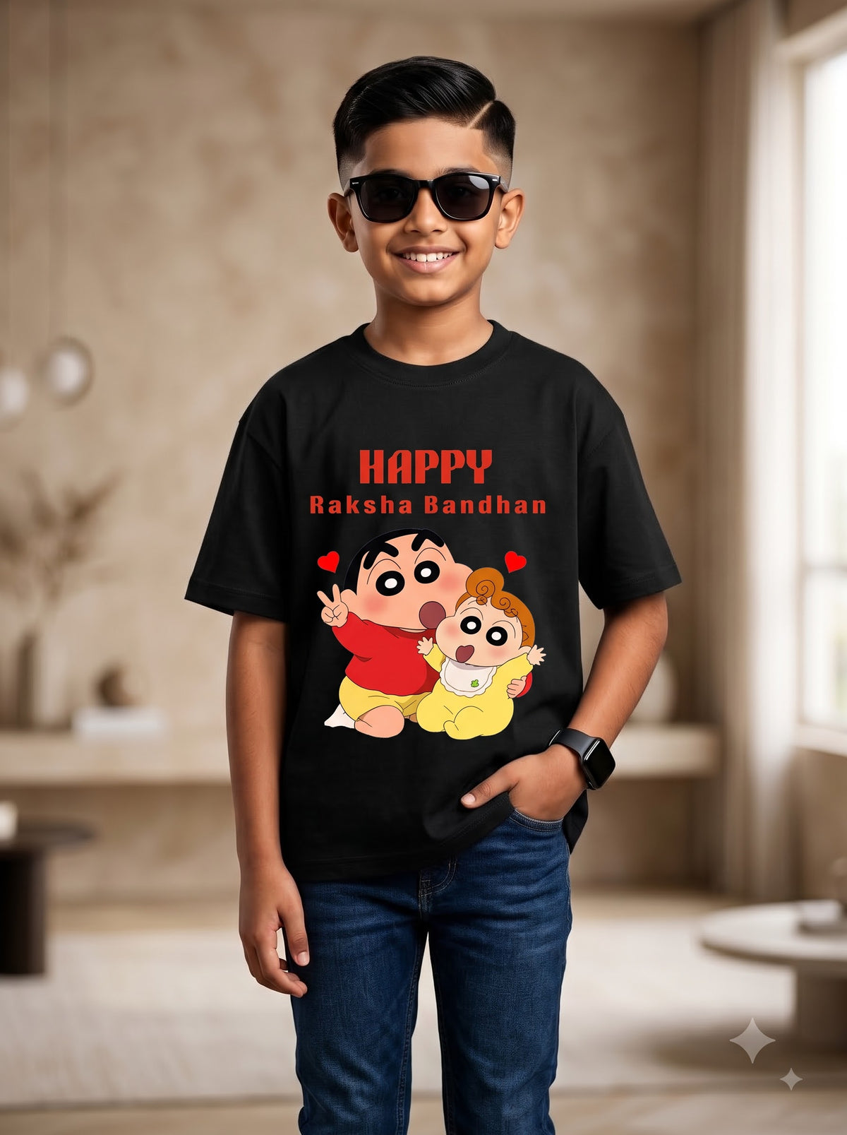 Happy Raksha Bandhan Boys T-Shirt | Shin-chan Cartoon Graphic Tee