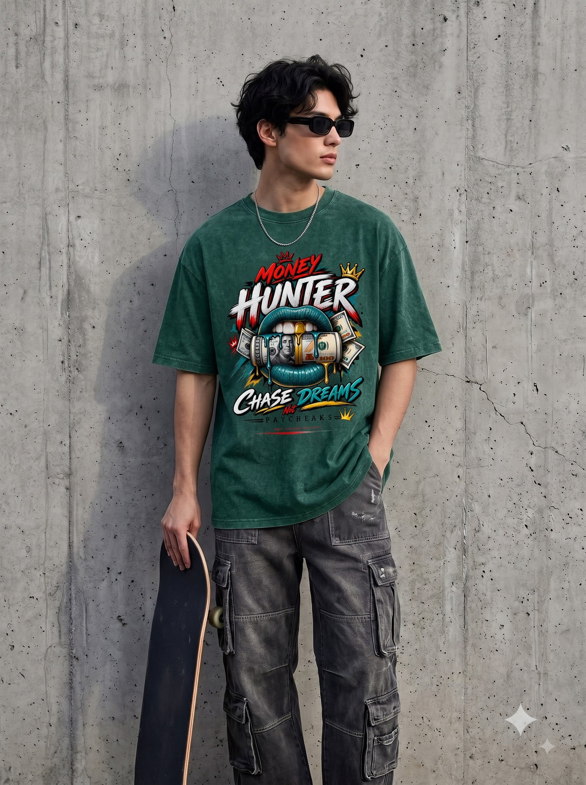 Greek Statue Money Typography Acid Washed Oversized T-Shirt