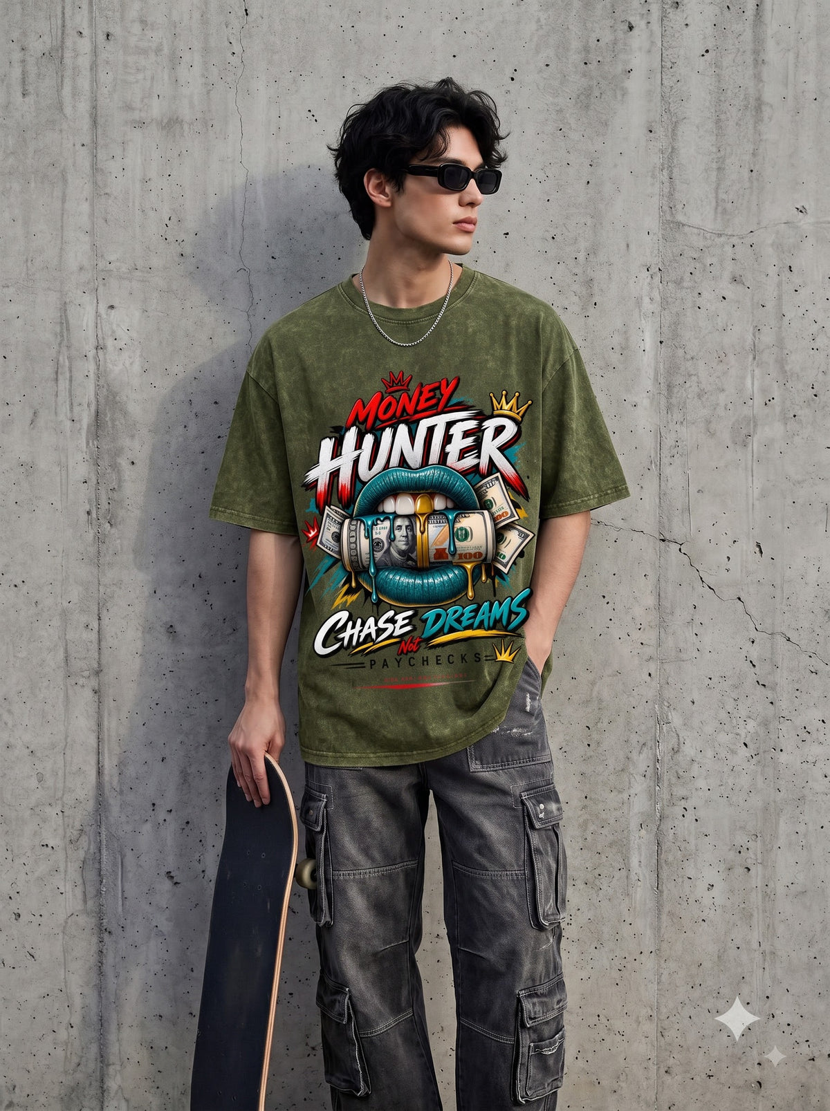 Greek Statue Money Typography Acid Washed Oversized T-Shirt
