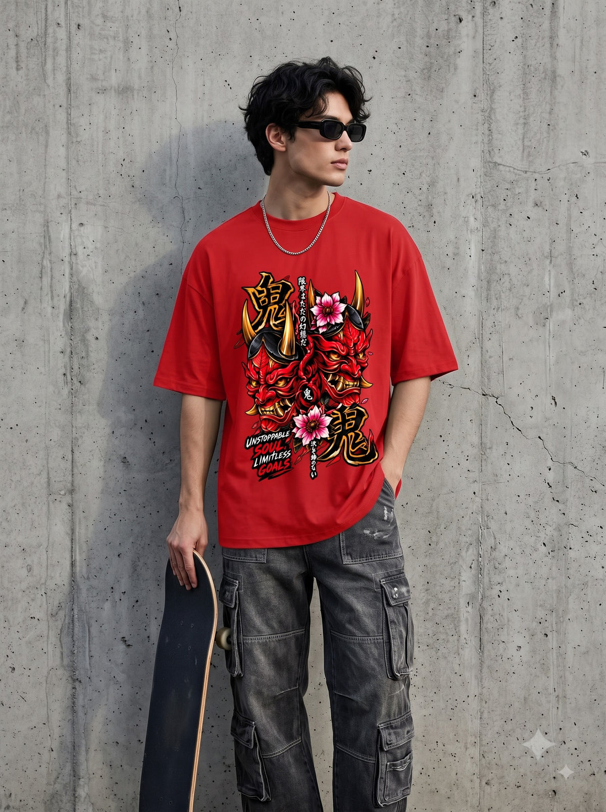 Streetwear Oni Mask Cherry Blossom Classic Crew T-Shirt