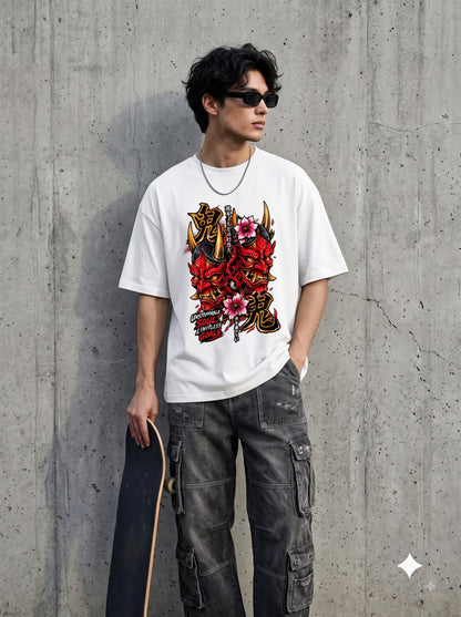 Streetwear Oni Mask Cherry Blossom Classic Crew T-Shirt
