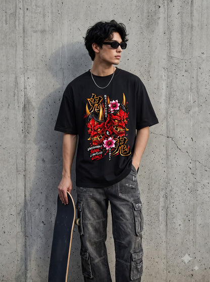 Streetwear Oni Mask Cherry Blossom Classic Crew T-Shirt
