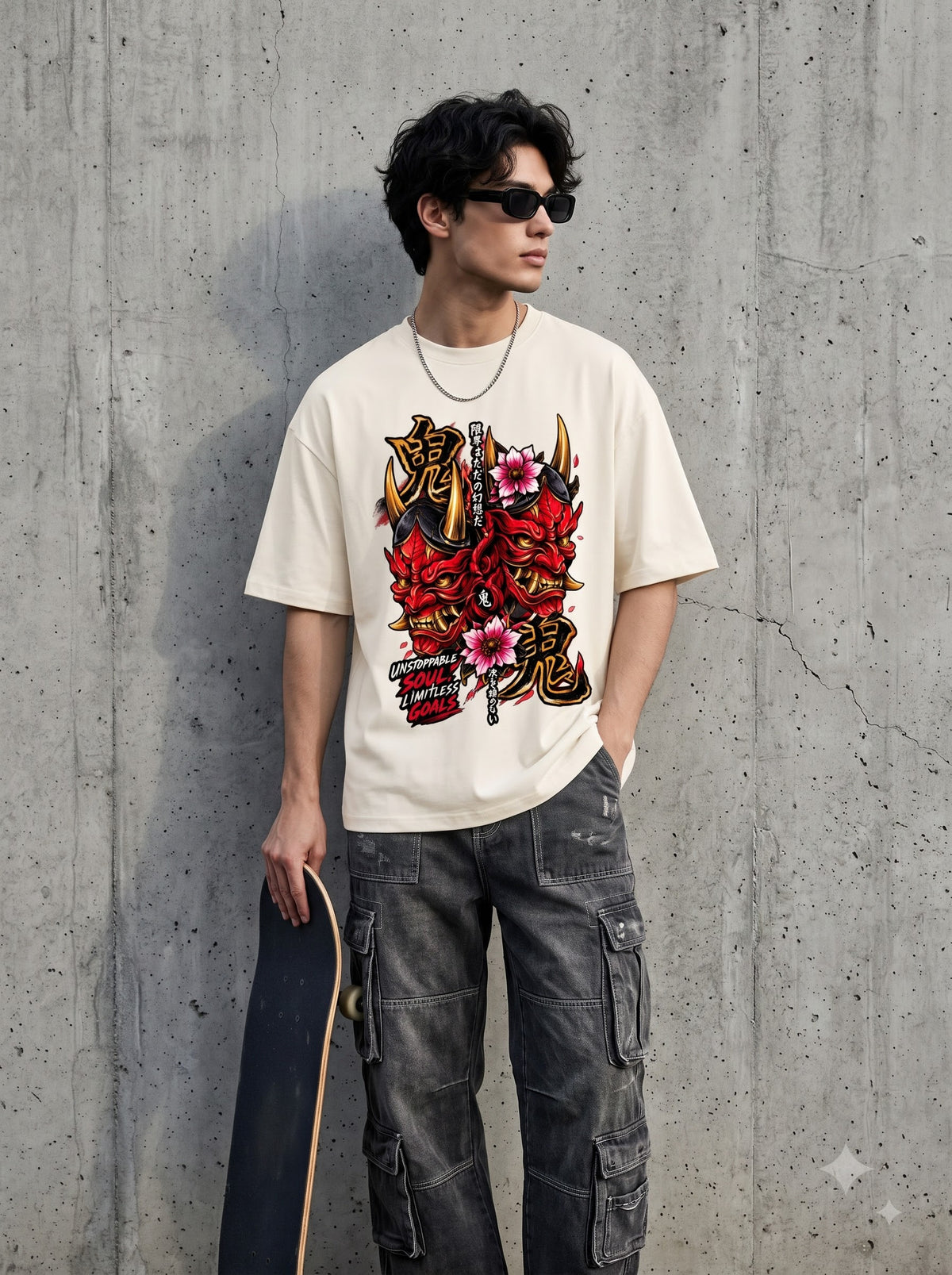 Streetwear Oni Mask Cherry Blossom Classic Crew T-Shirt