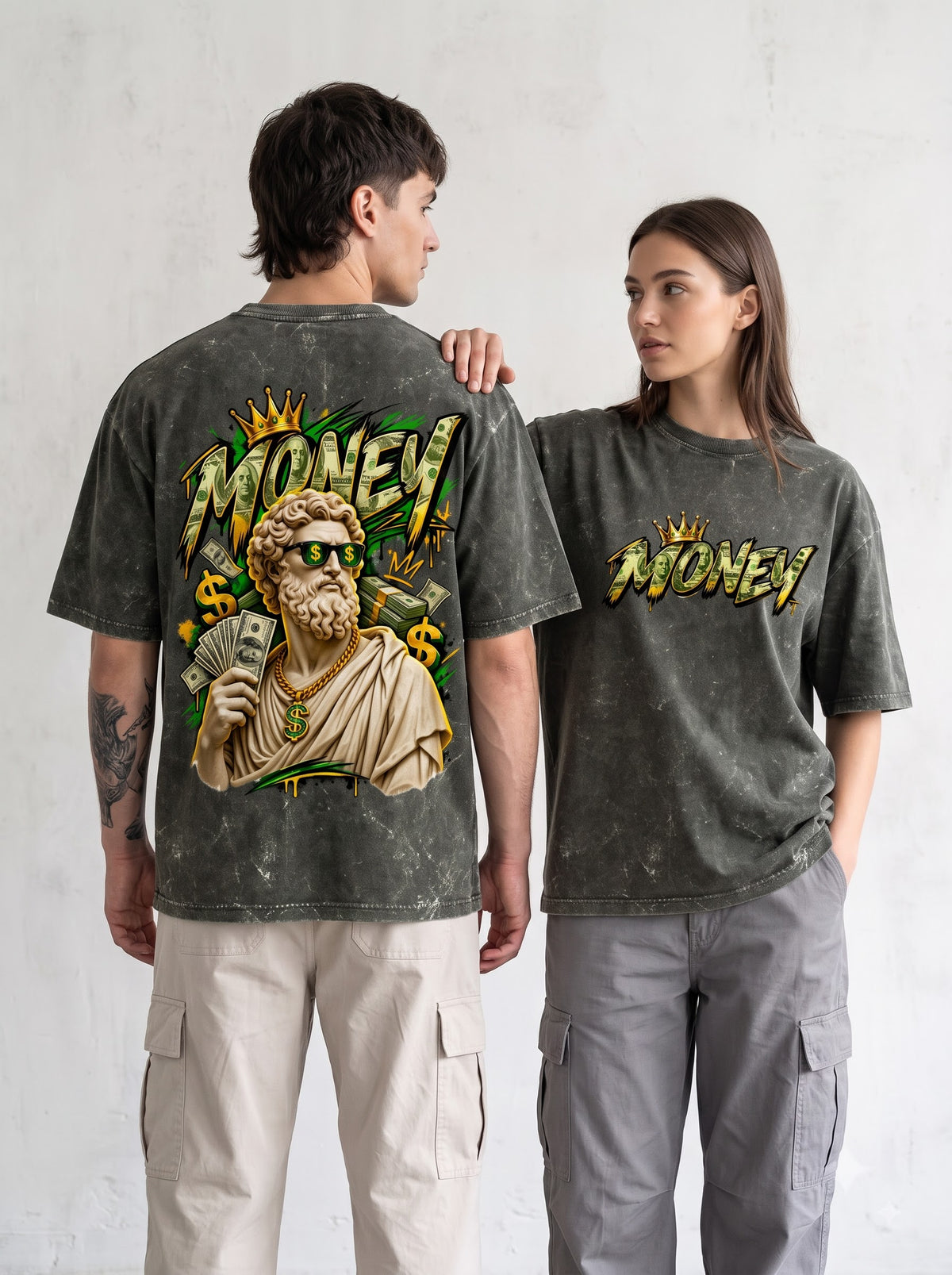 Luxury Hustle Statue Print Acid Wash Oversized T-Shirt