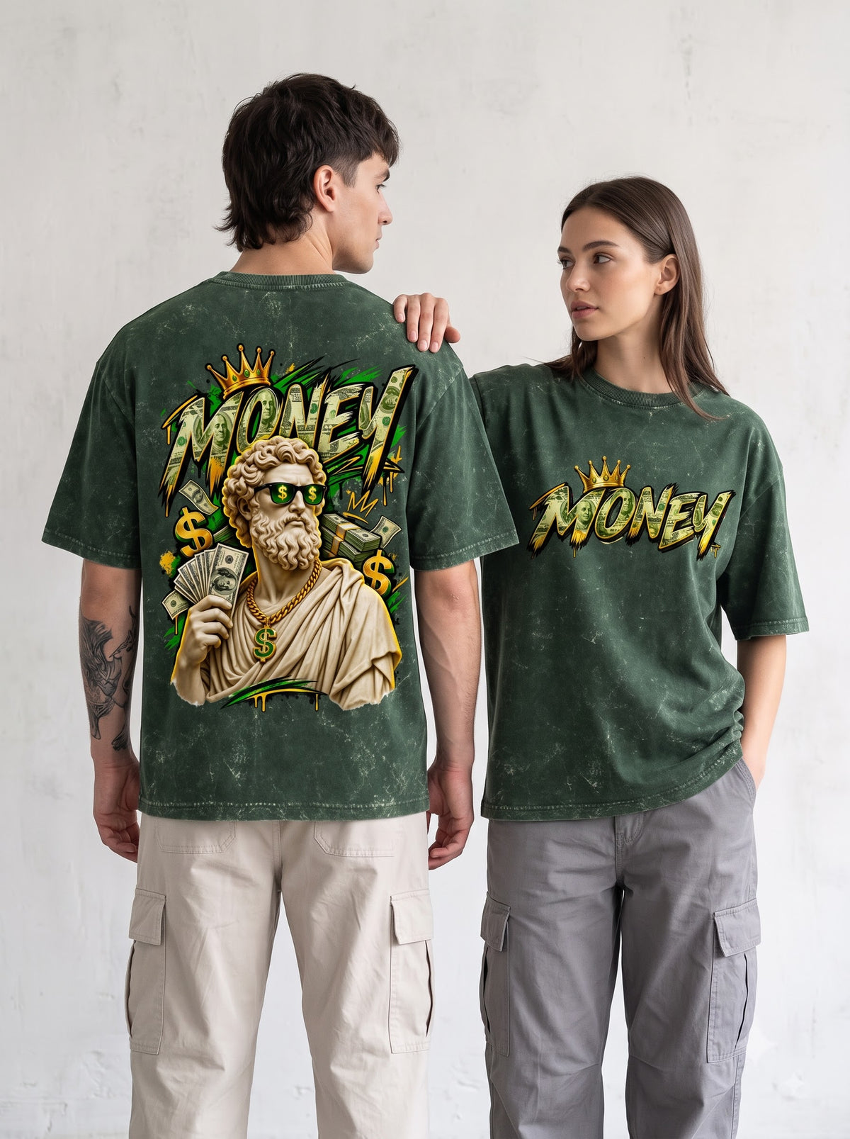 Luxury Hustle Statue Print Acid Wash Oversized T-Shirt