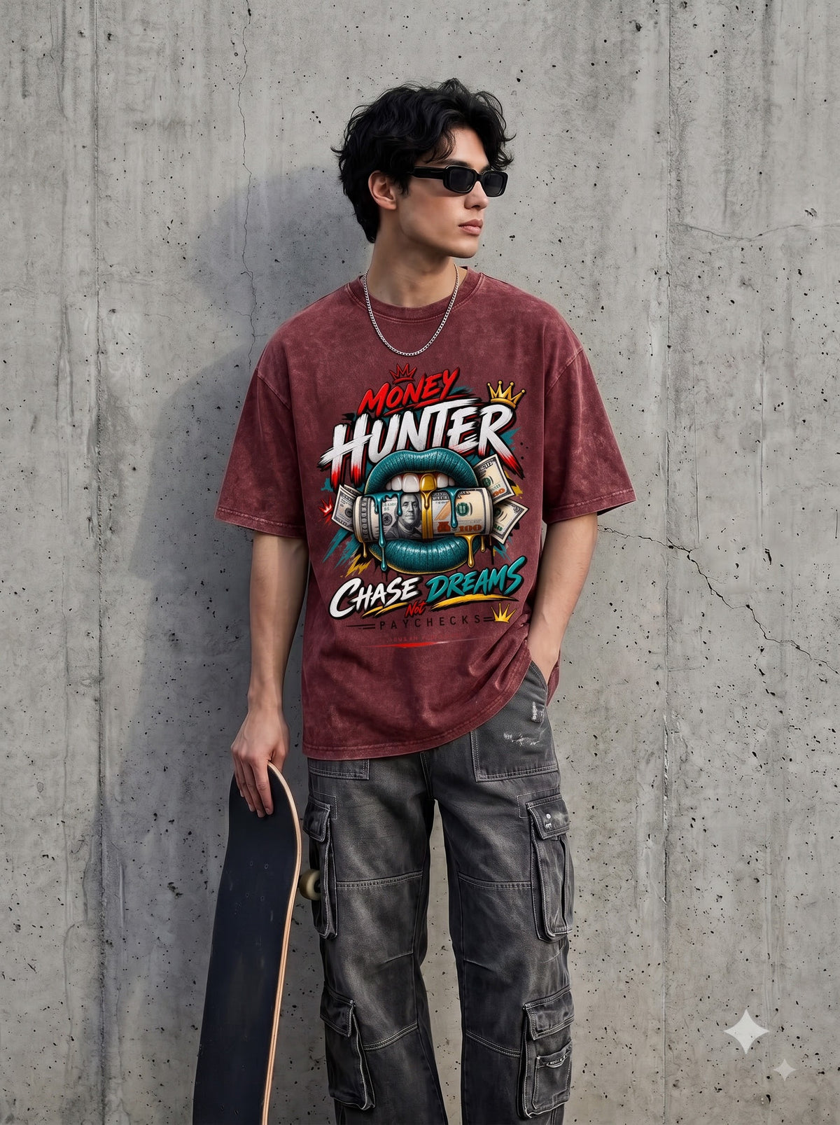 Greek Statue Money Typography Acid Washed Oversized T-Shirt