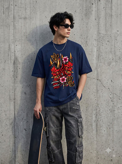 Streetwear Oni Mask Cherry Blossom Classic Crew T-Shirt