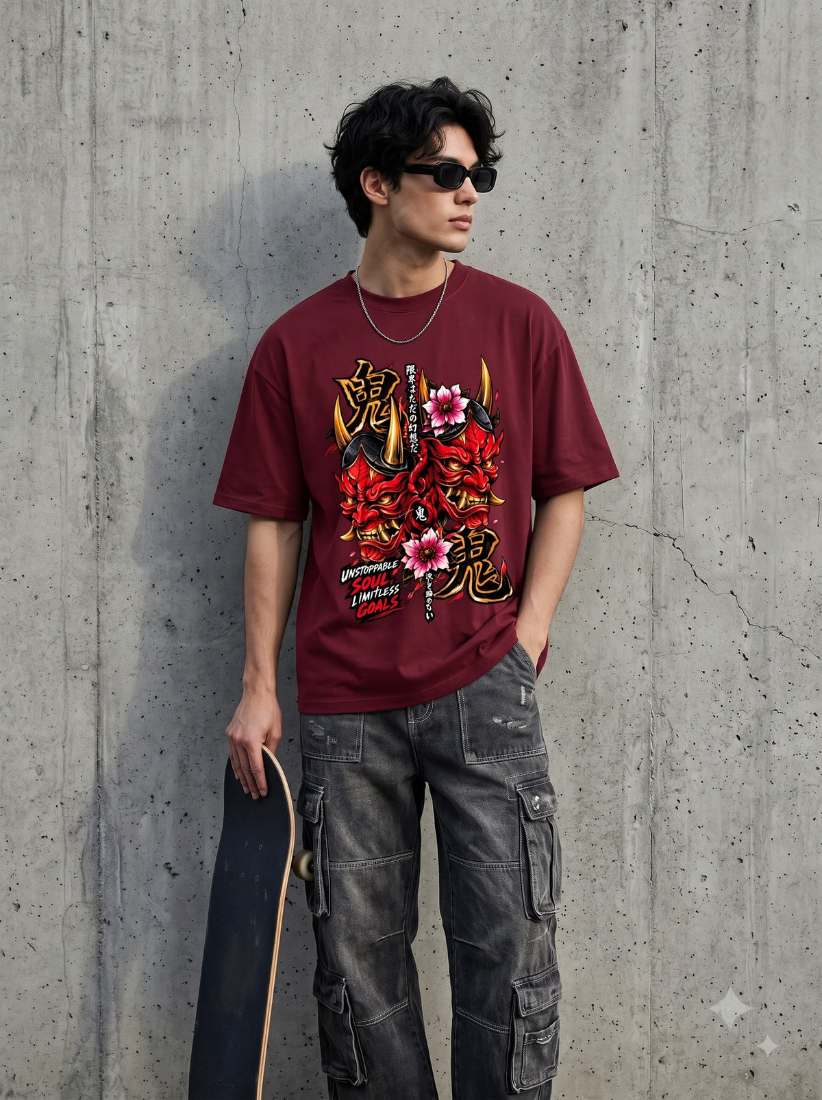 Streetwear Oni Mask Cherry Blossom Classic Crew T-Shirt
