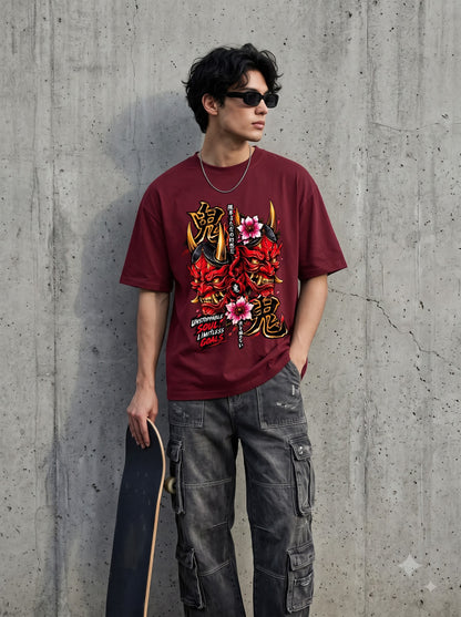 Streetwear Oni Mask Cherry Blossom Classic Crew T-Shirt