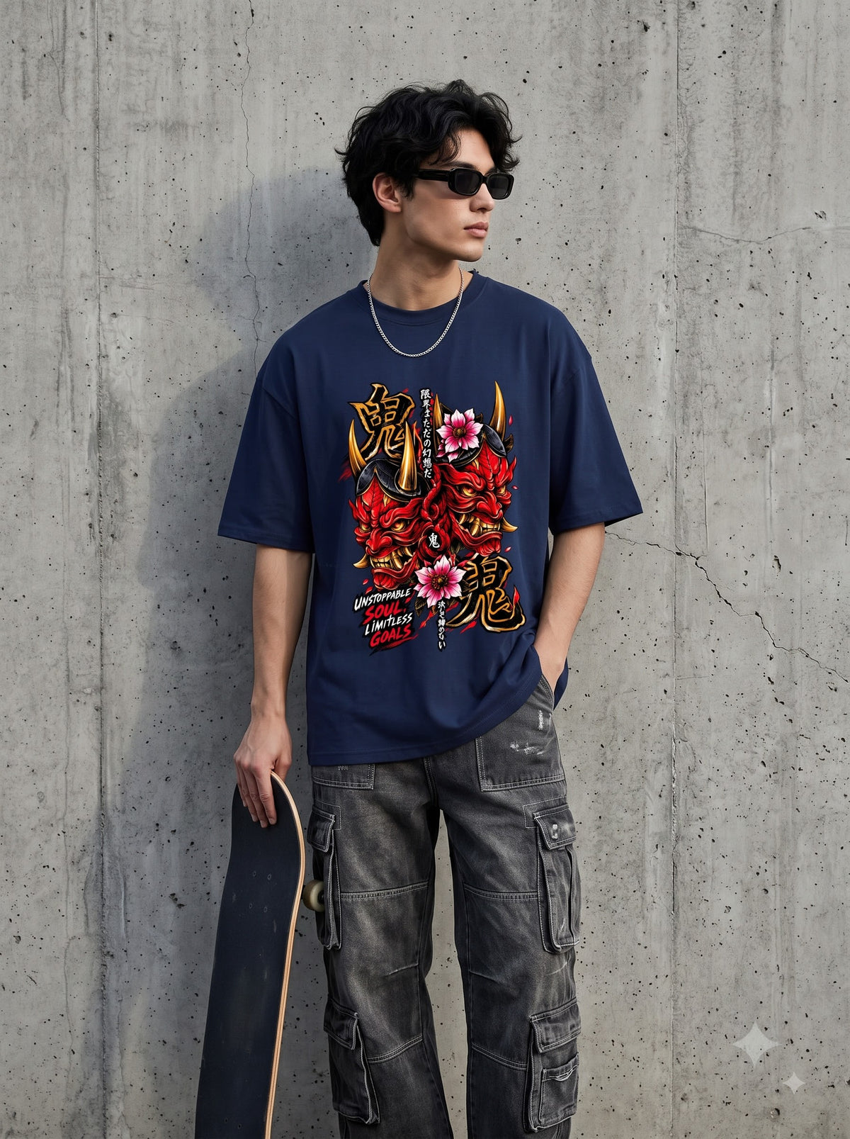 Streetwear Oni Mask Cherry Blossom Classic Crew T-Shirt