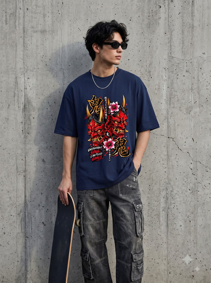 Streetwear Oni Mask Cherry Blossom Classic Crew T-Shirt