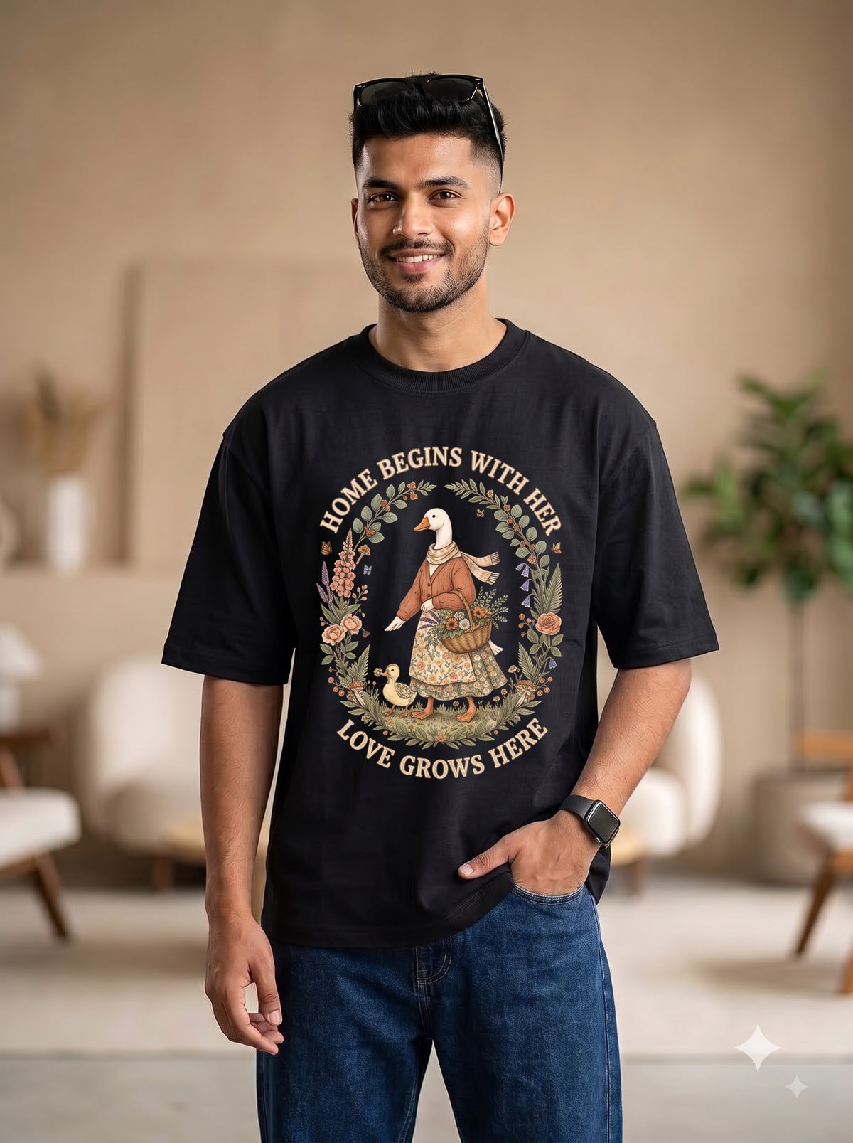 Nature Inspired Duck Illustration Oversized T-Shirt