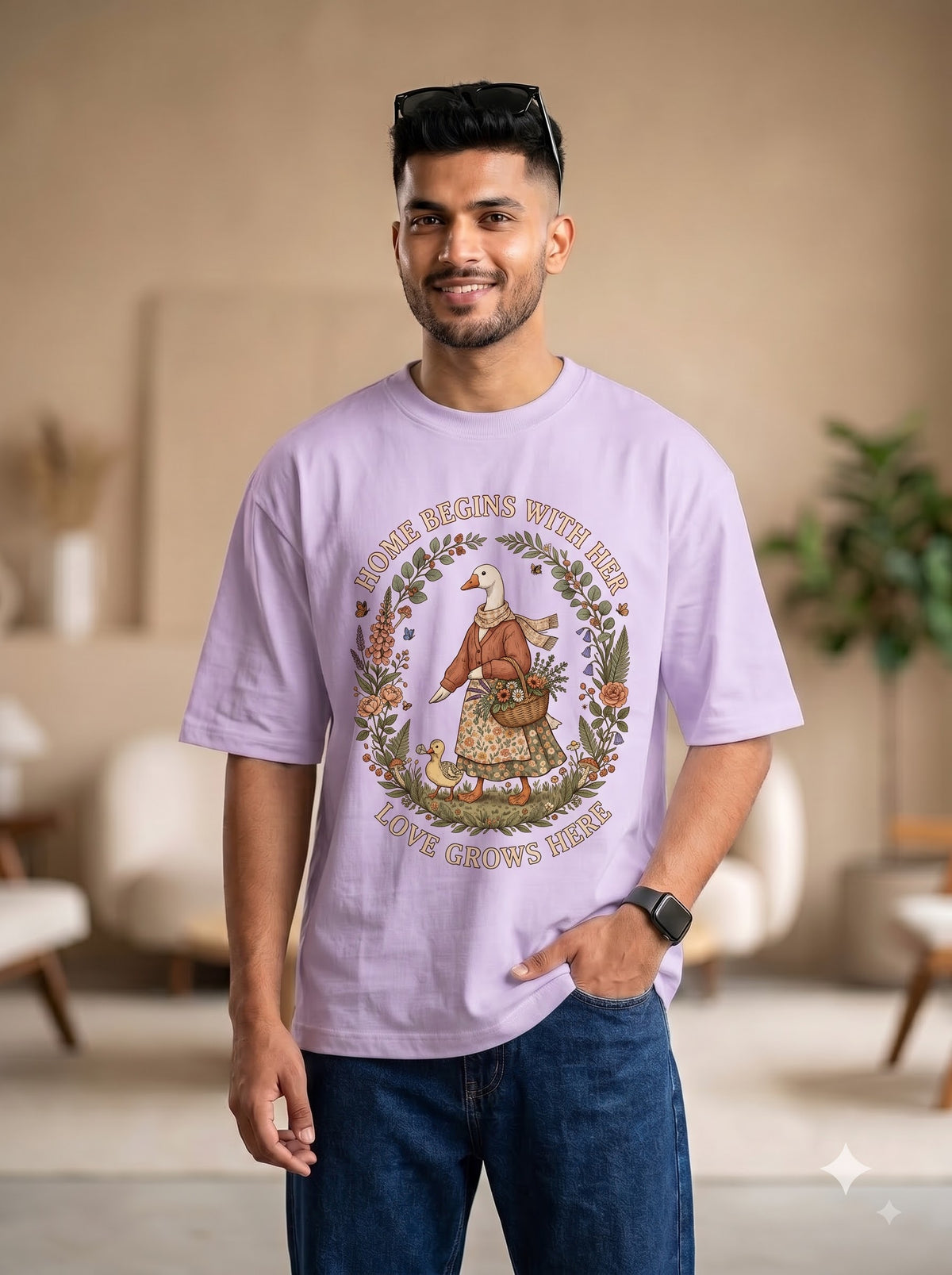Nature Inspired Duck Illustration Oversized T-Shirt