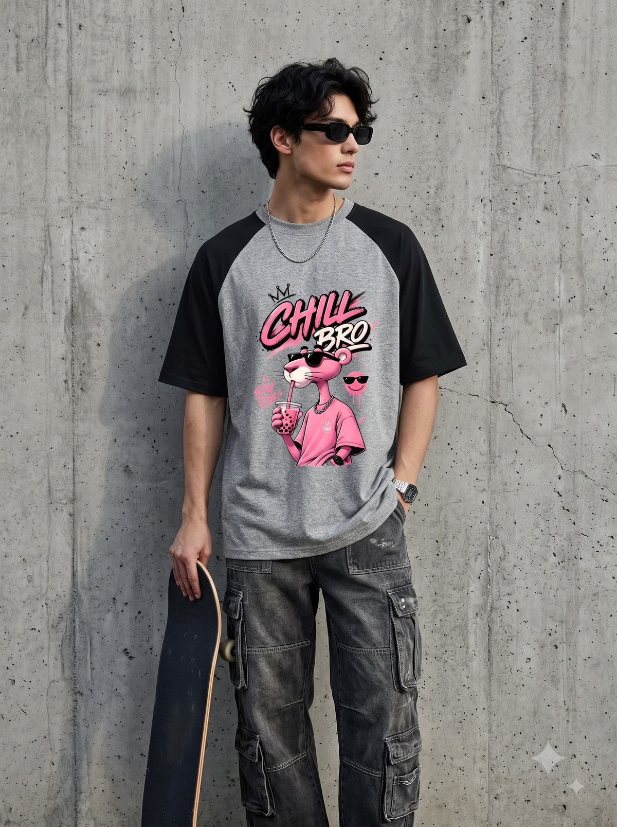 Premium Cotton Oversized Raglan T-Shirt with Panther Art