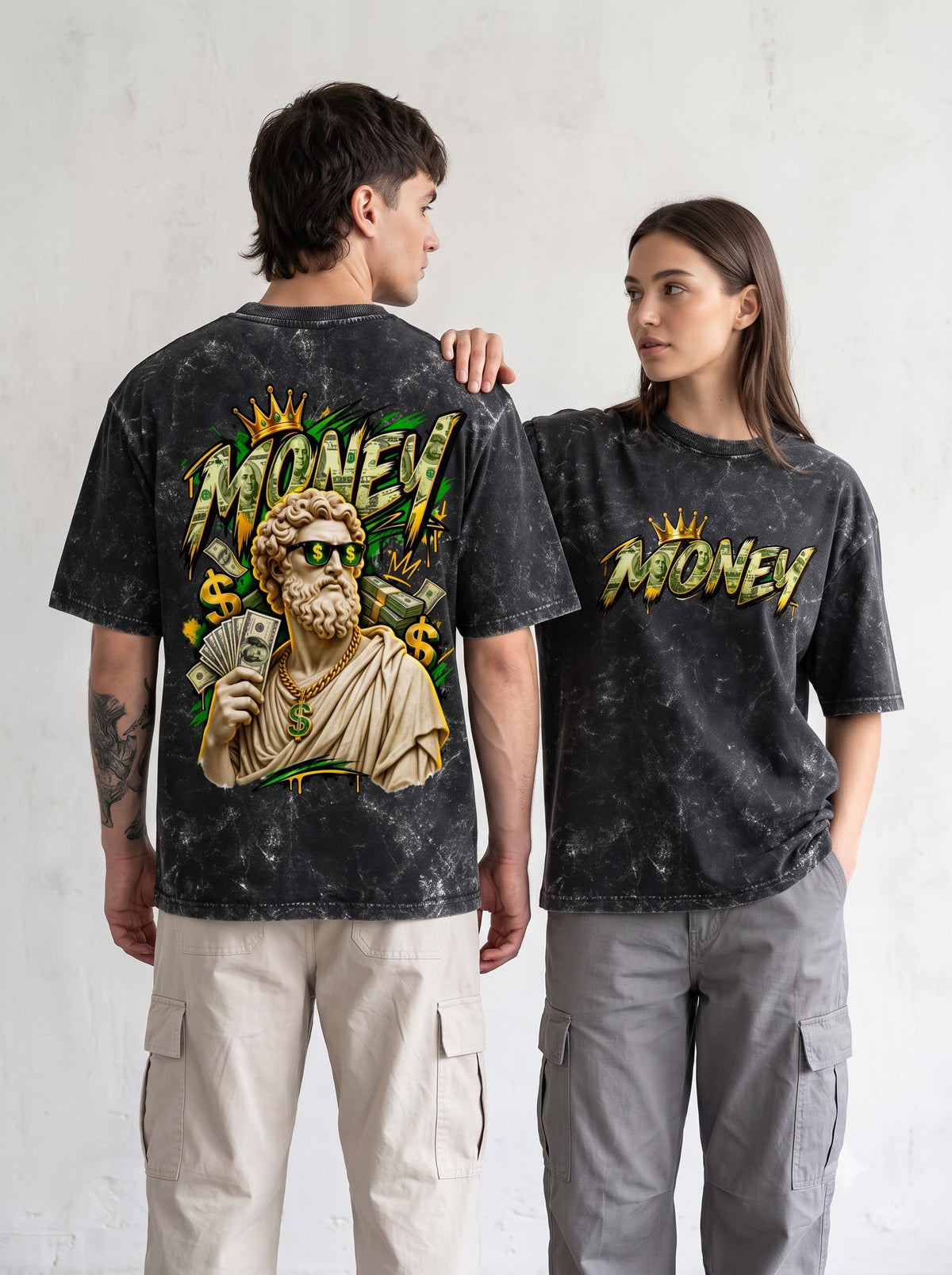 Luxury Hustle Statue Print Acid Wash Oversized T-Shirt