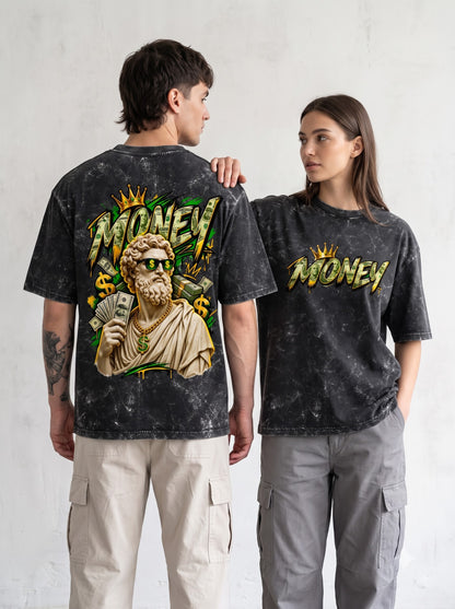 Luxury Hustle Statue Print Acid Wash Oversized T-Shirt