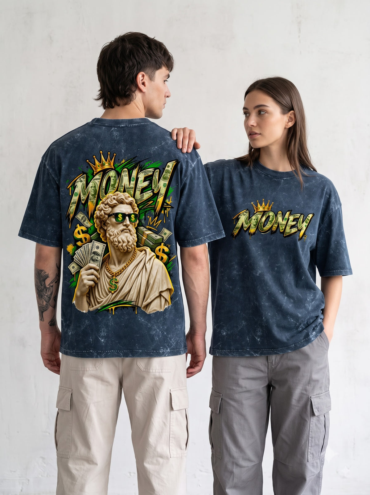 Luxury Hustle Statue Print Acid Wash Oversized T-Shirt