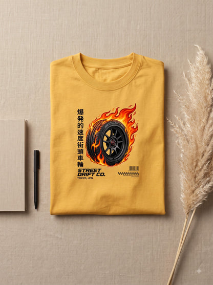 Men's White Graphic T-Shirt - Flaming Drift Wheel Streetwear