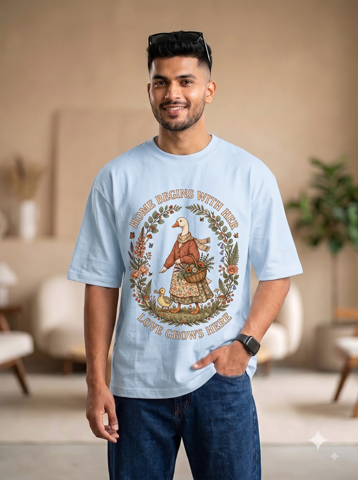 Nature Inspired Duck Illustration Oversized T-Shirt