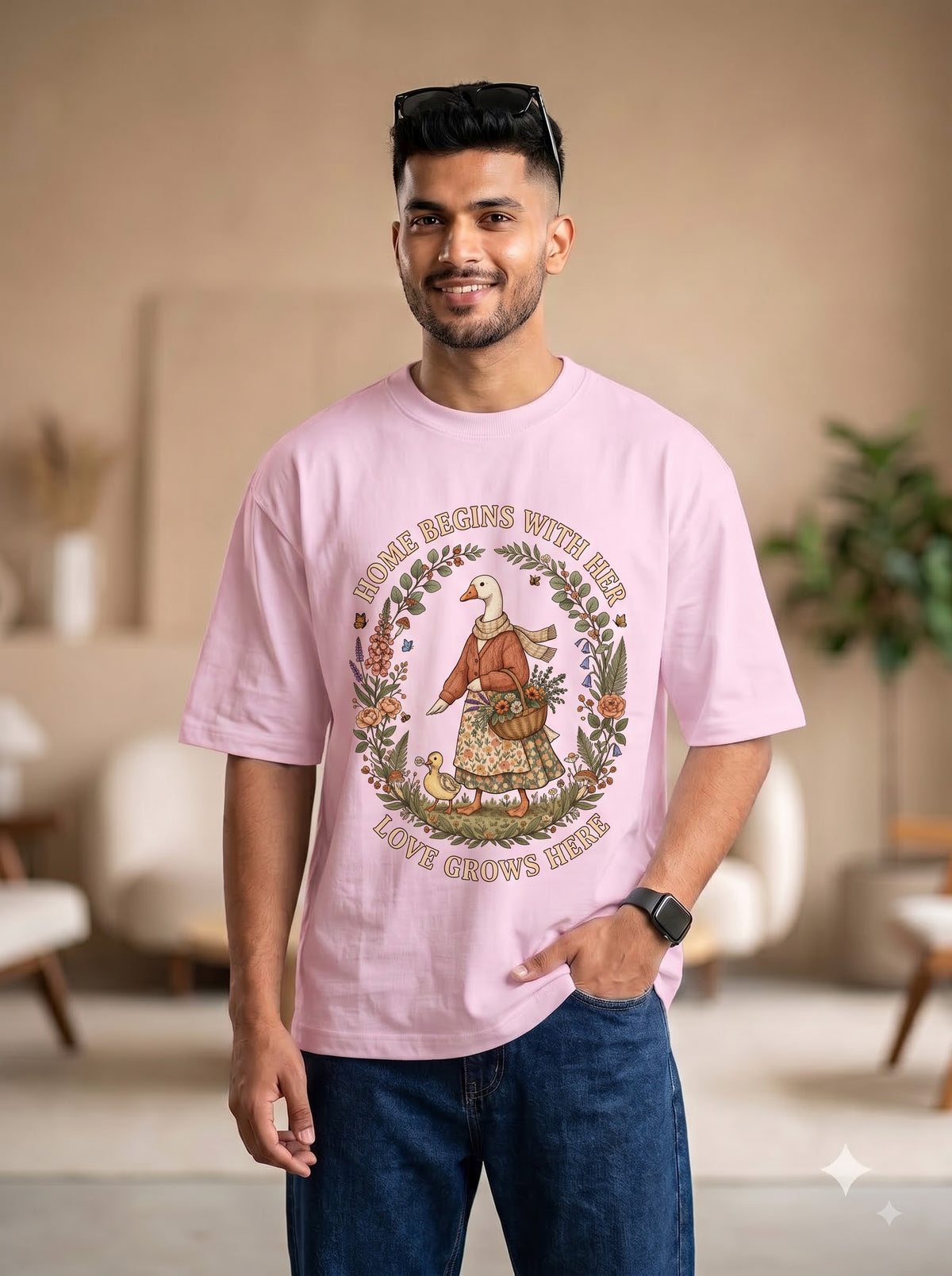Nature Inspired Duck Illustration Oversized T-Shirt