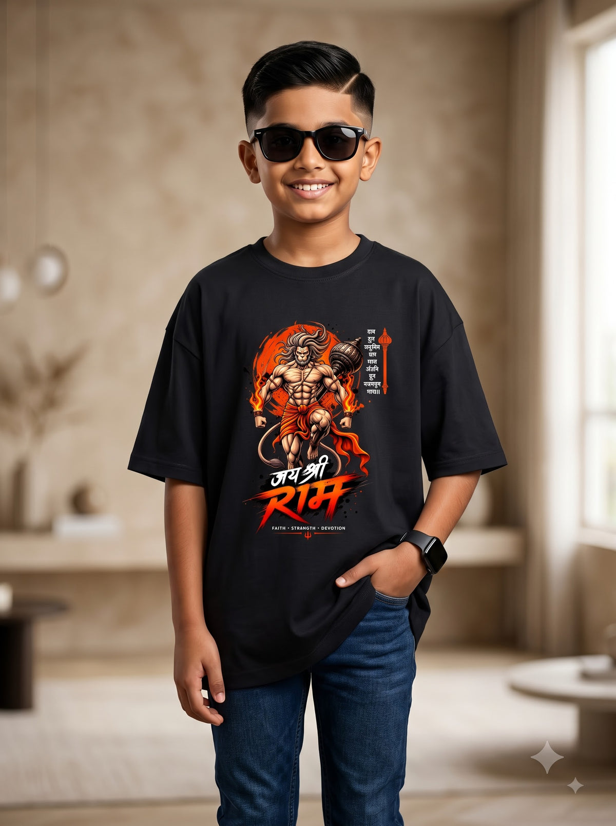 Boys Lord Hanuman Jai Shri Ram Graphic Crew Neck T-Shirt