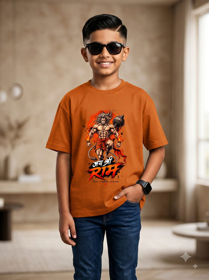 Boys Lord Hanuman Jai Shri Ram Graphic Crew Neck T-Shirt