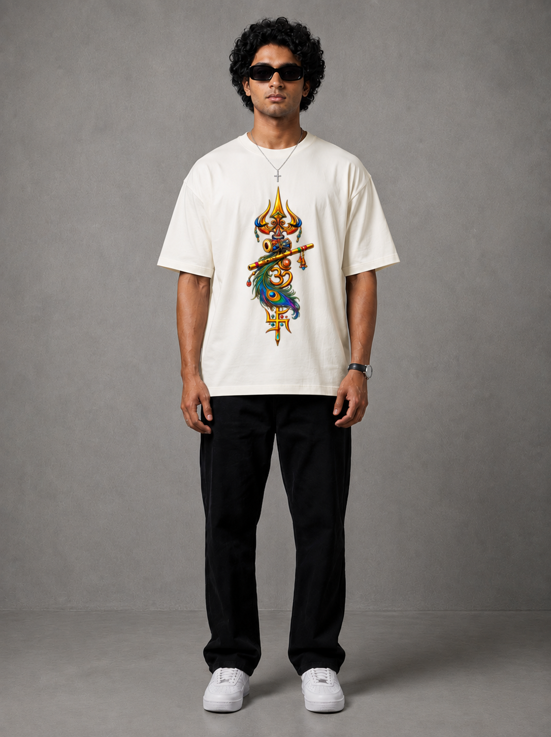 Sacred Trishul Flute Peacock Feather Black Oversized T-shirt