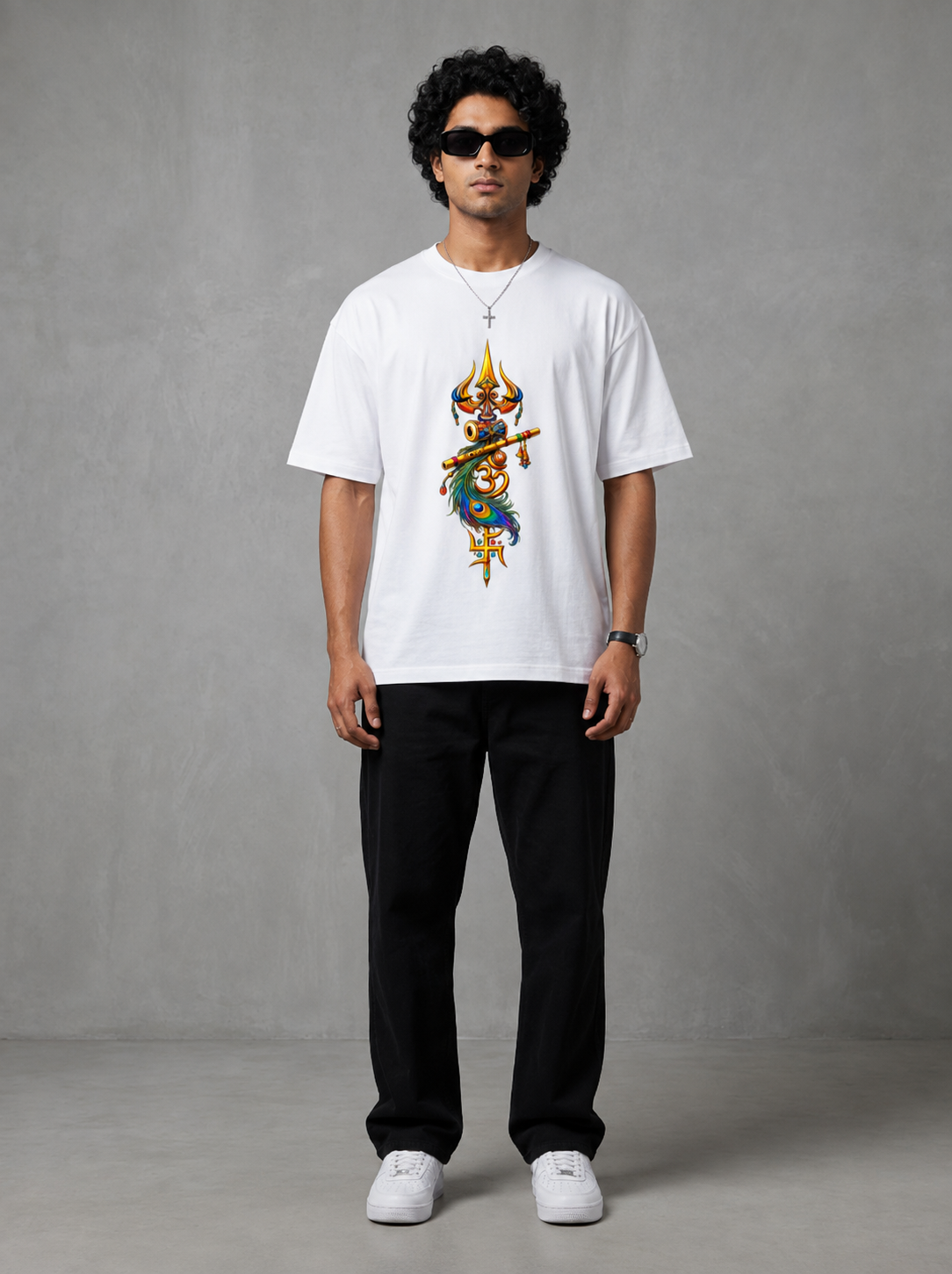 Sacred Trishul Flute Peacock Feather Black Oversized T-shirt